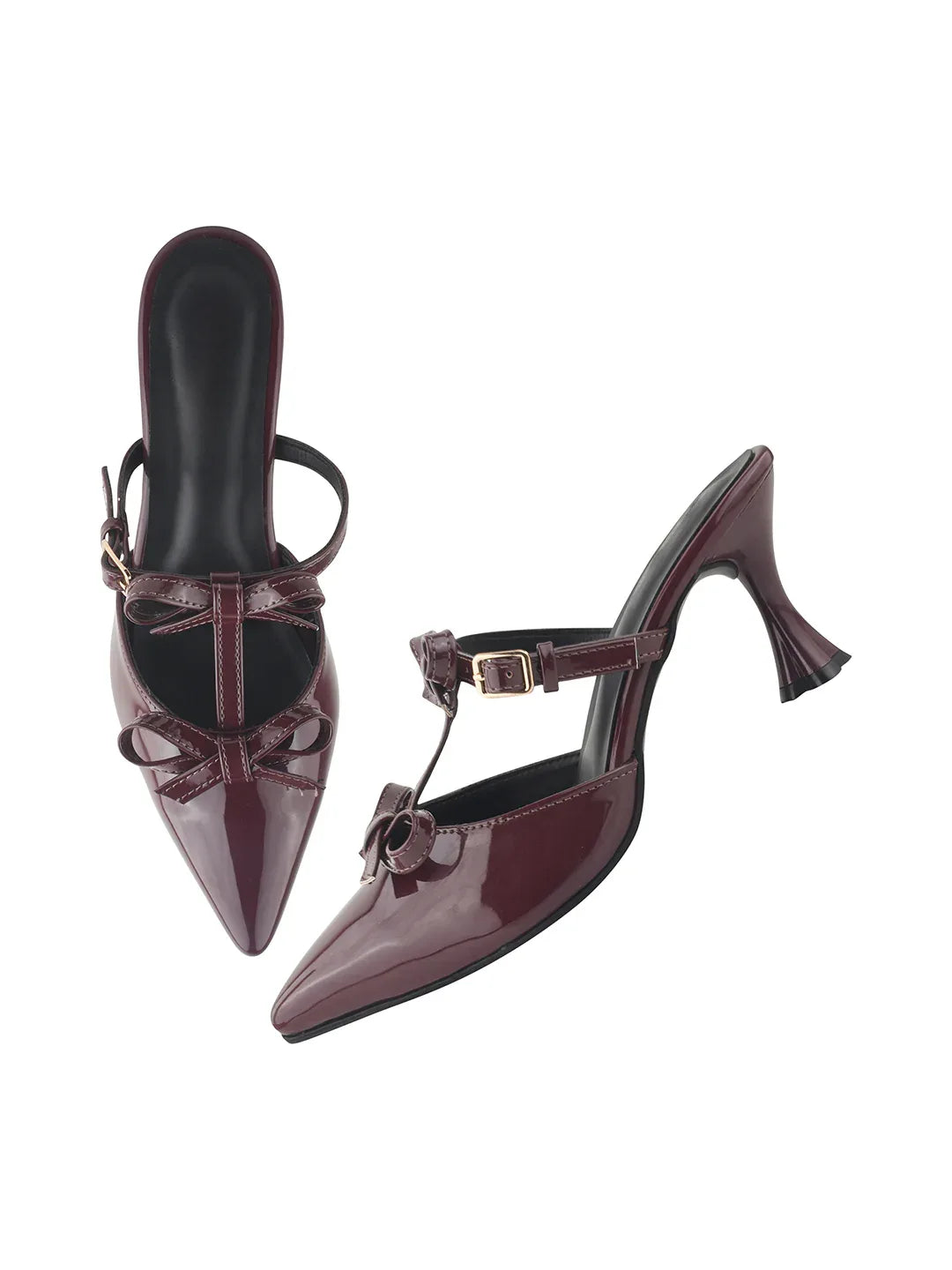 Patent Finish Bow-Detail Kitten Heel Mules
