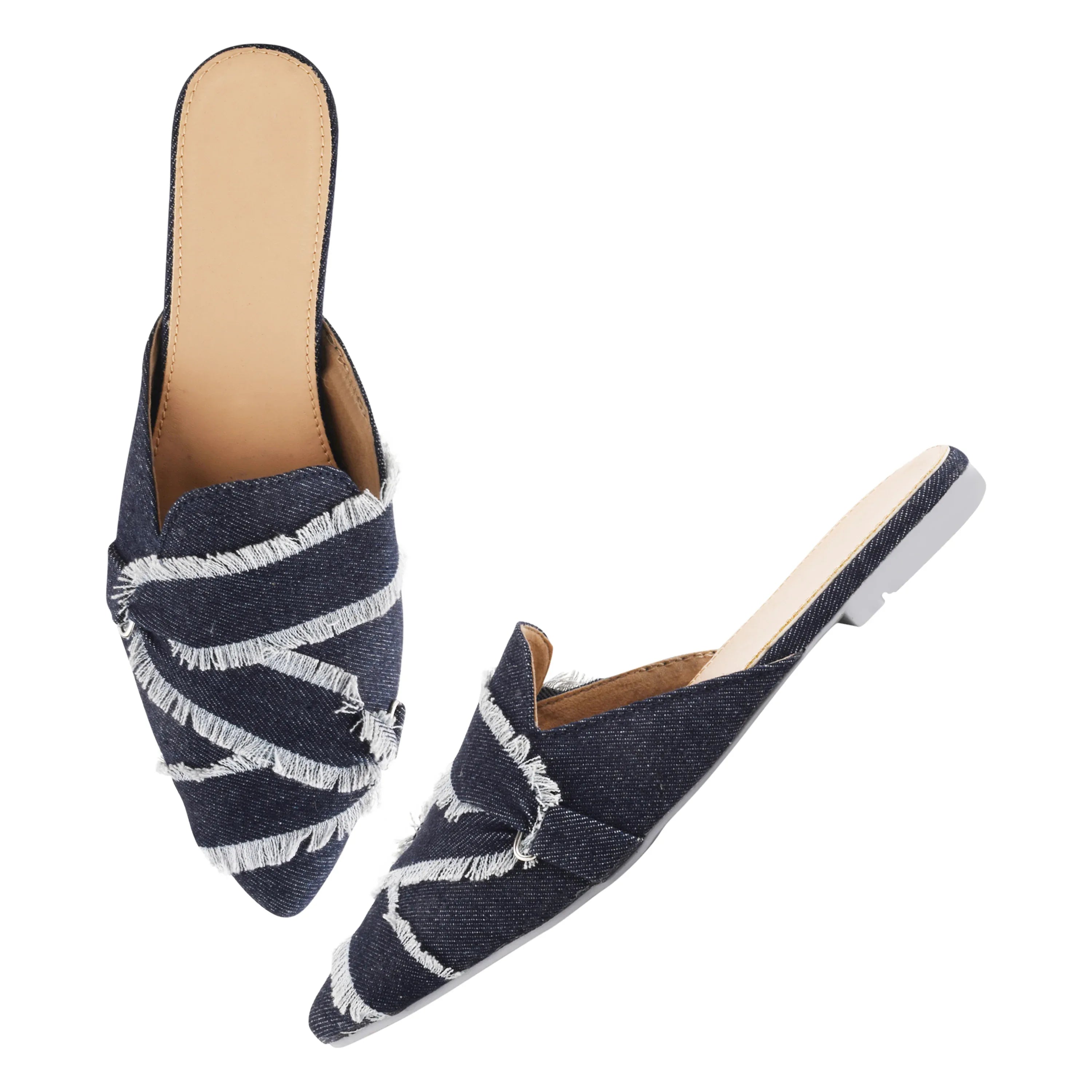 Frayed Edge Denim Pointed-Toe Mule Flats