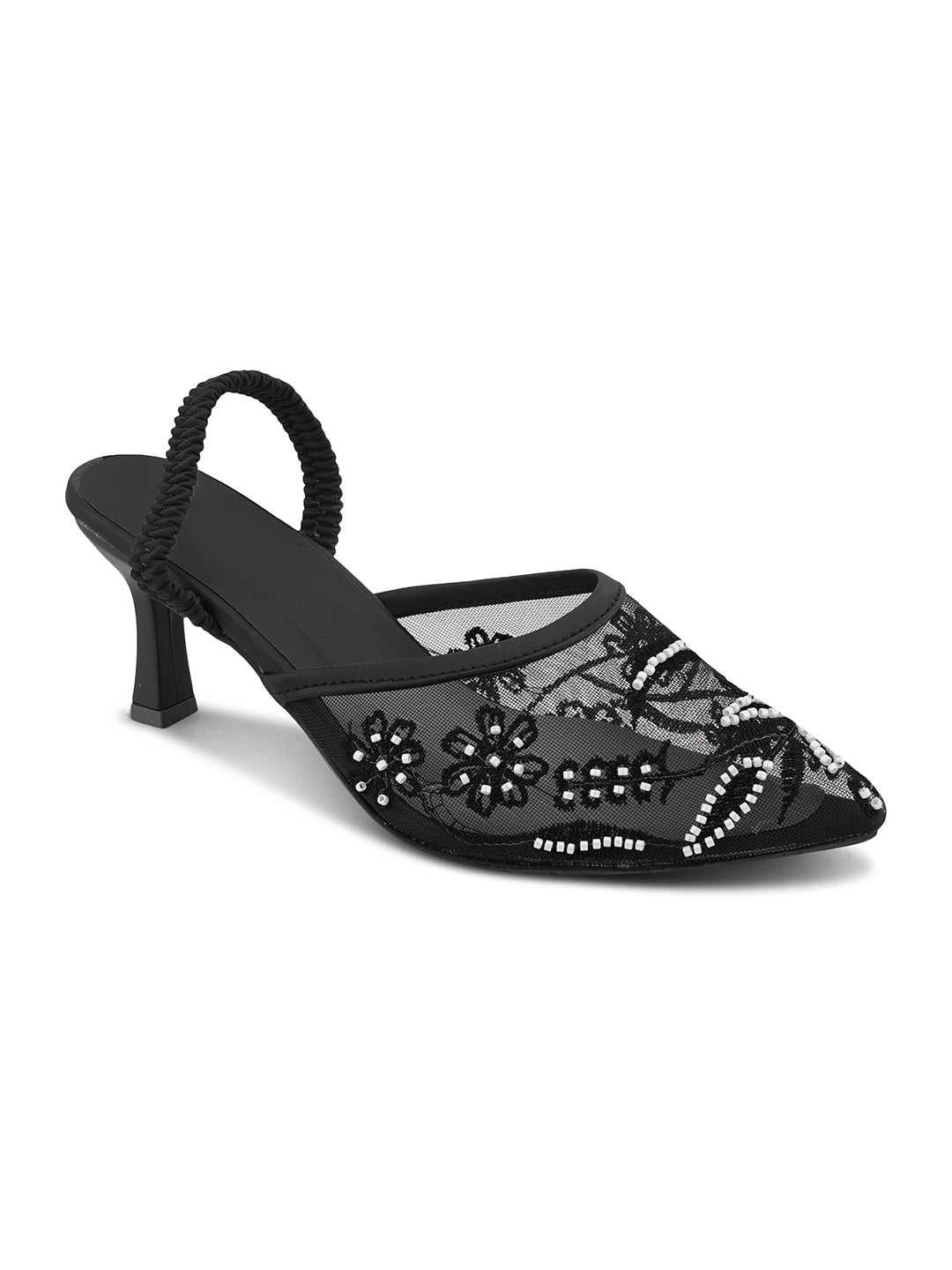 Mesh Embellished Pointed Toe Mule Heels