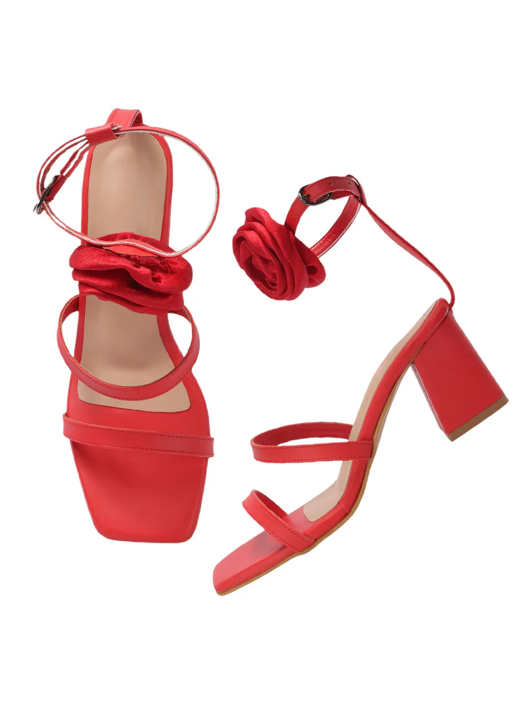 Rose Detail Ankle Strap Block Heels