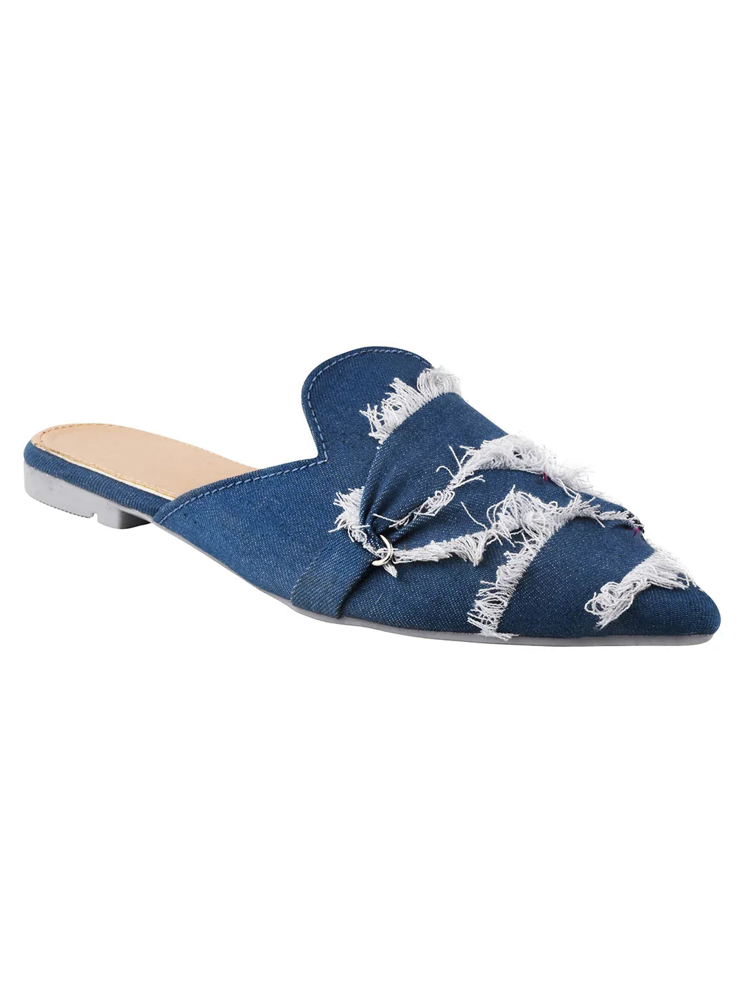 Frayed Edge Denim Pointed-Toe Mule Flats