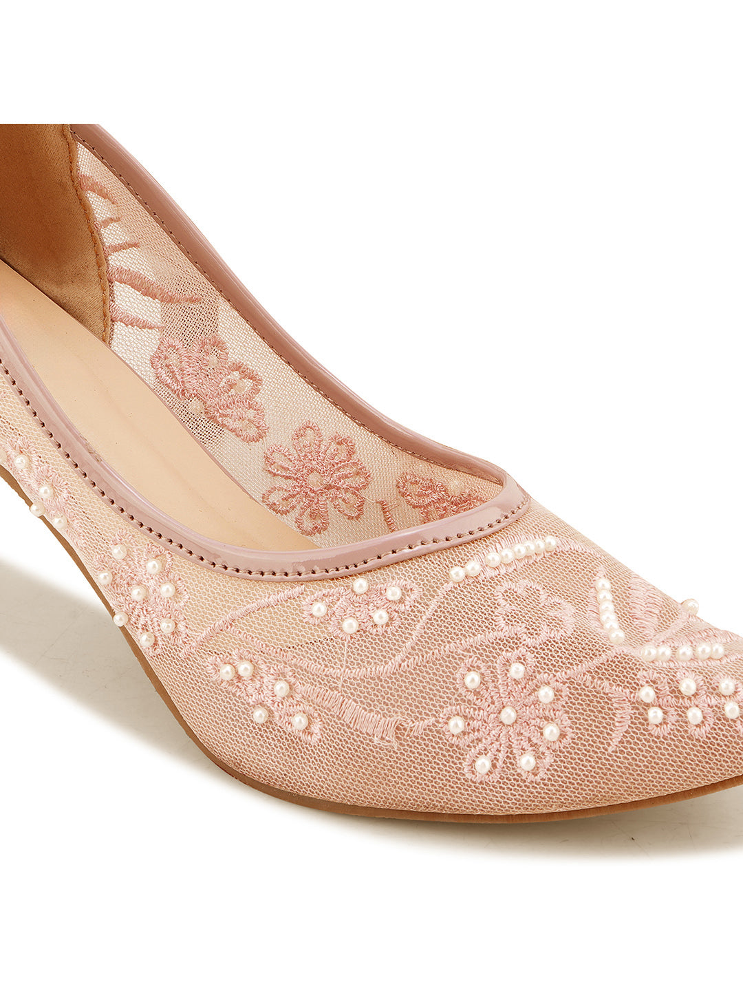 Pearl Embroidered Mesh Kitten Heels