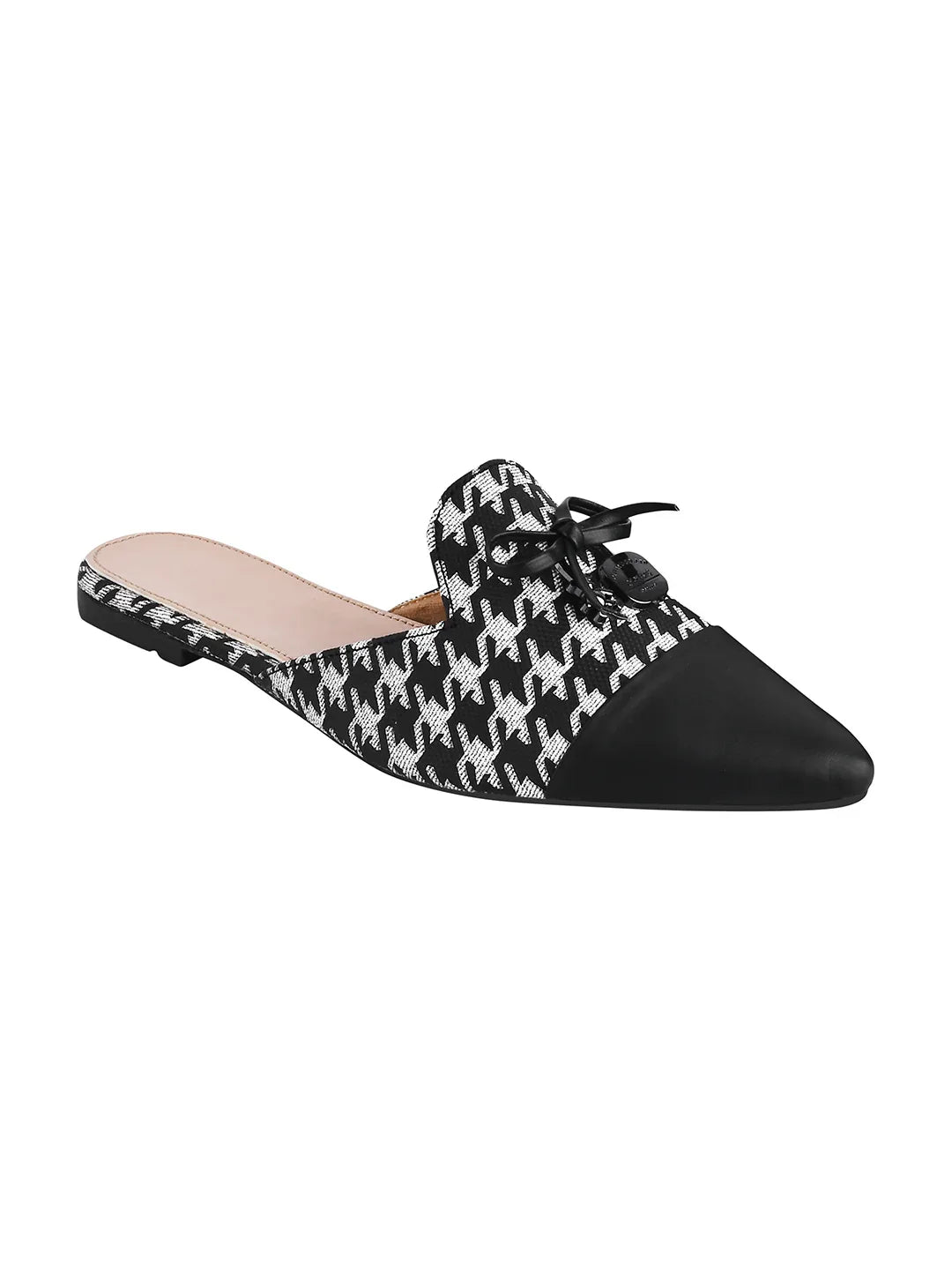 Houndstooth Pointed Toe Slip-On Mule Flats