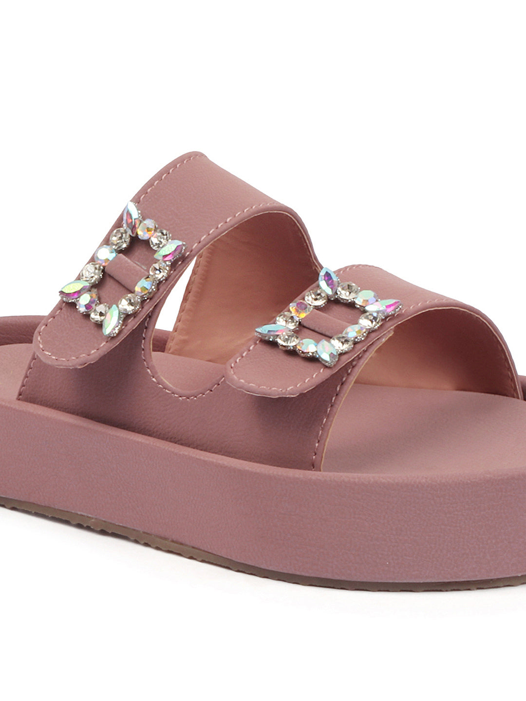 Dual-Strap Rhinestone Buckle Slide Soft Casual Flats