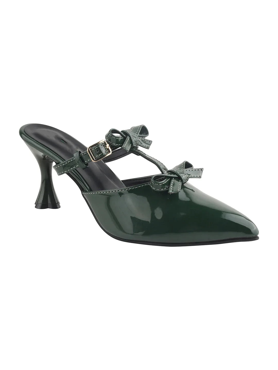 Patent Finish Bow-Detail Kitten Heel Mules
