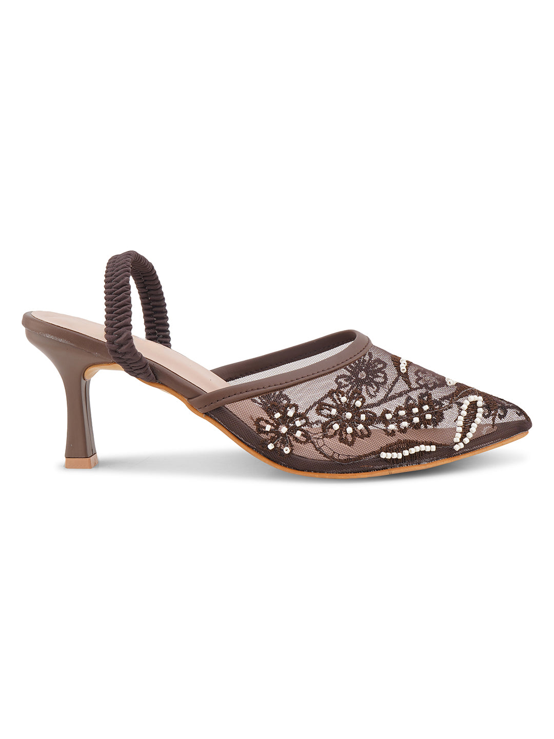 Mesh Embellished Pointed Toe Mule Heels
