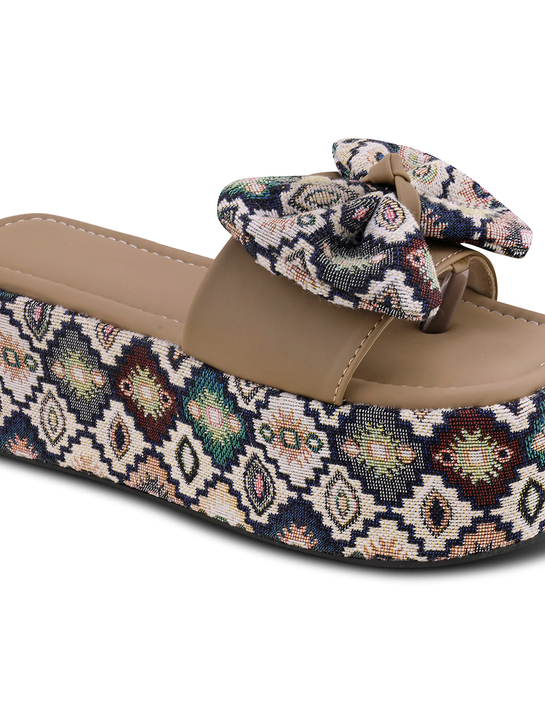 Tribal Boho Bow Printed Platform Wedge Slides