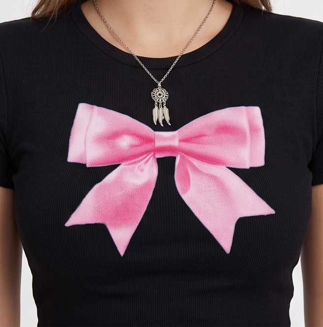 Pink Bow Graphic Black Crop T-Shirt-Black