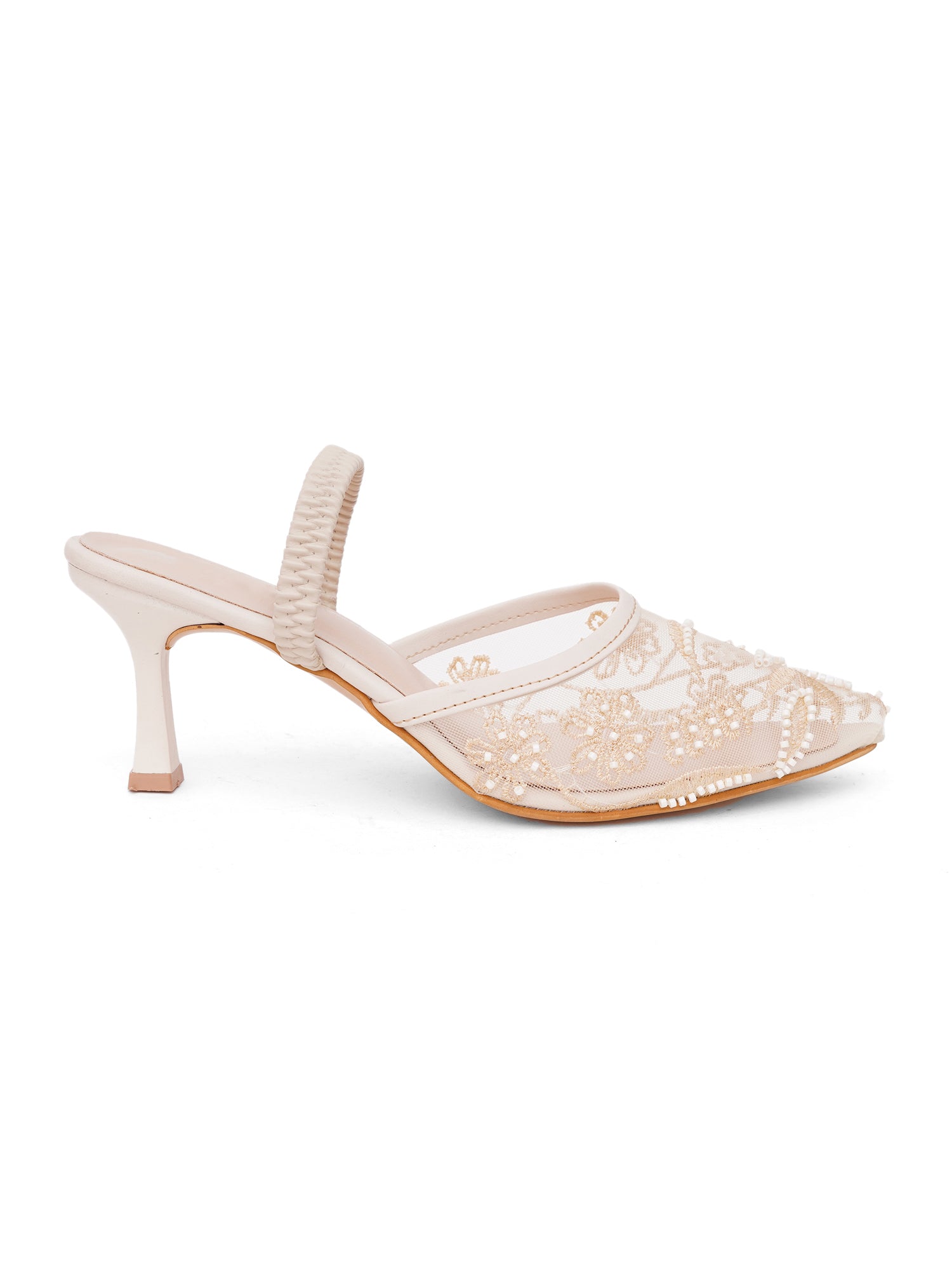 Mesh Embellished Pointed Toe Mule Heels