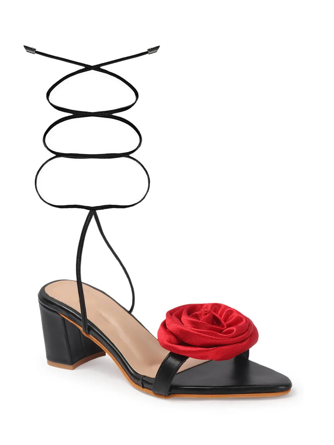 Rose Detail Tie-Up Mid Heel Sandals
