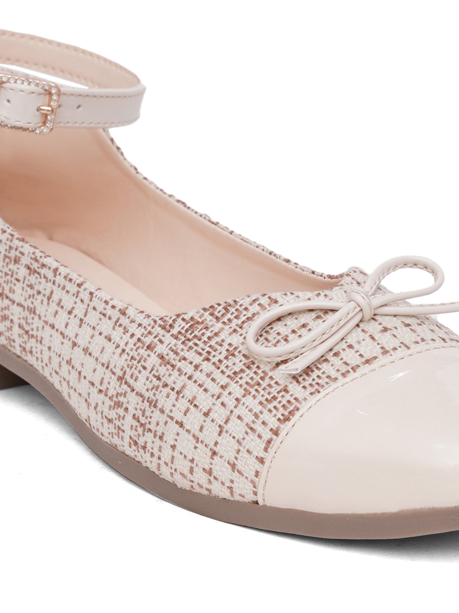 Elegant Tweed Texture Ballet Pumps Bellies with Ankle Strap