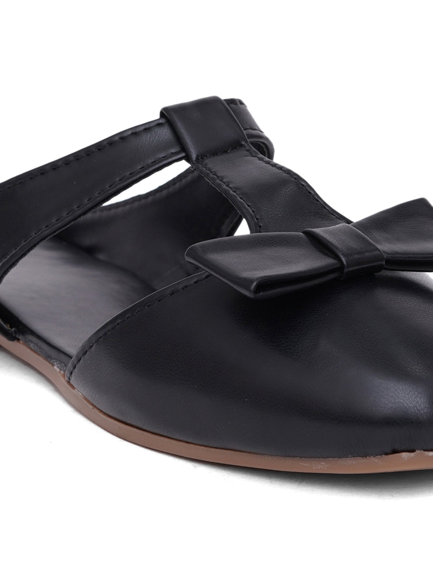 Casual Slip-On Women's Bow Detail T-Strap Mule Flats-Black