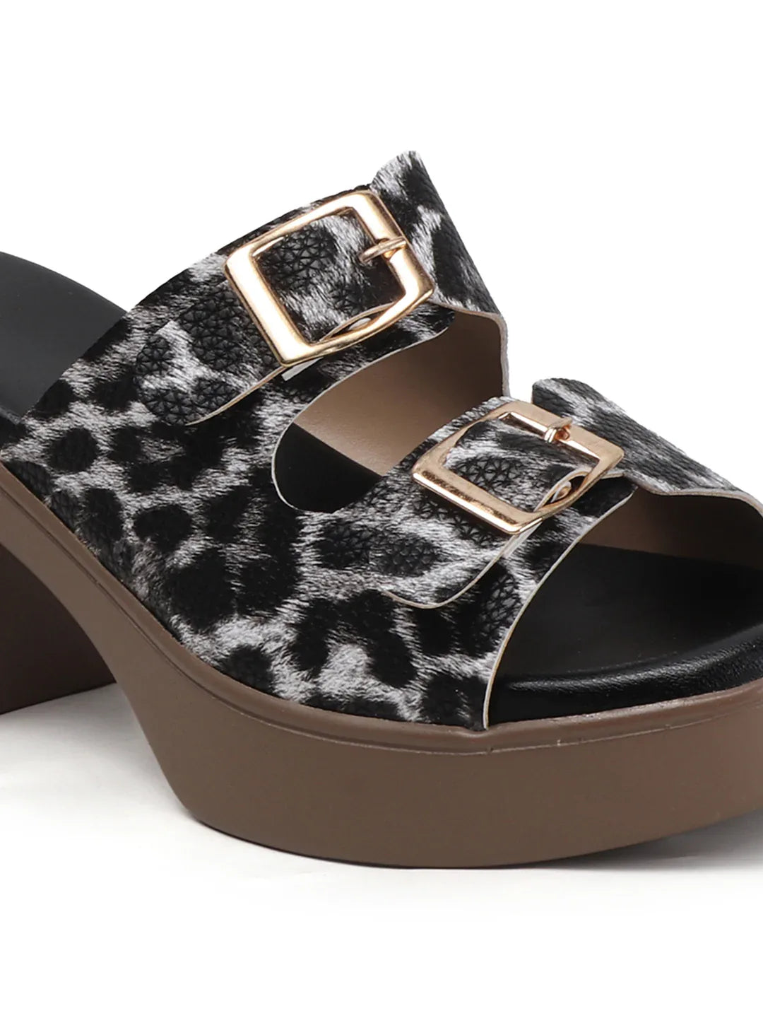 Animal Print Double Buckle Block Heel