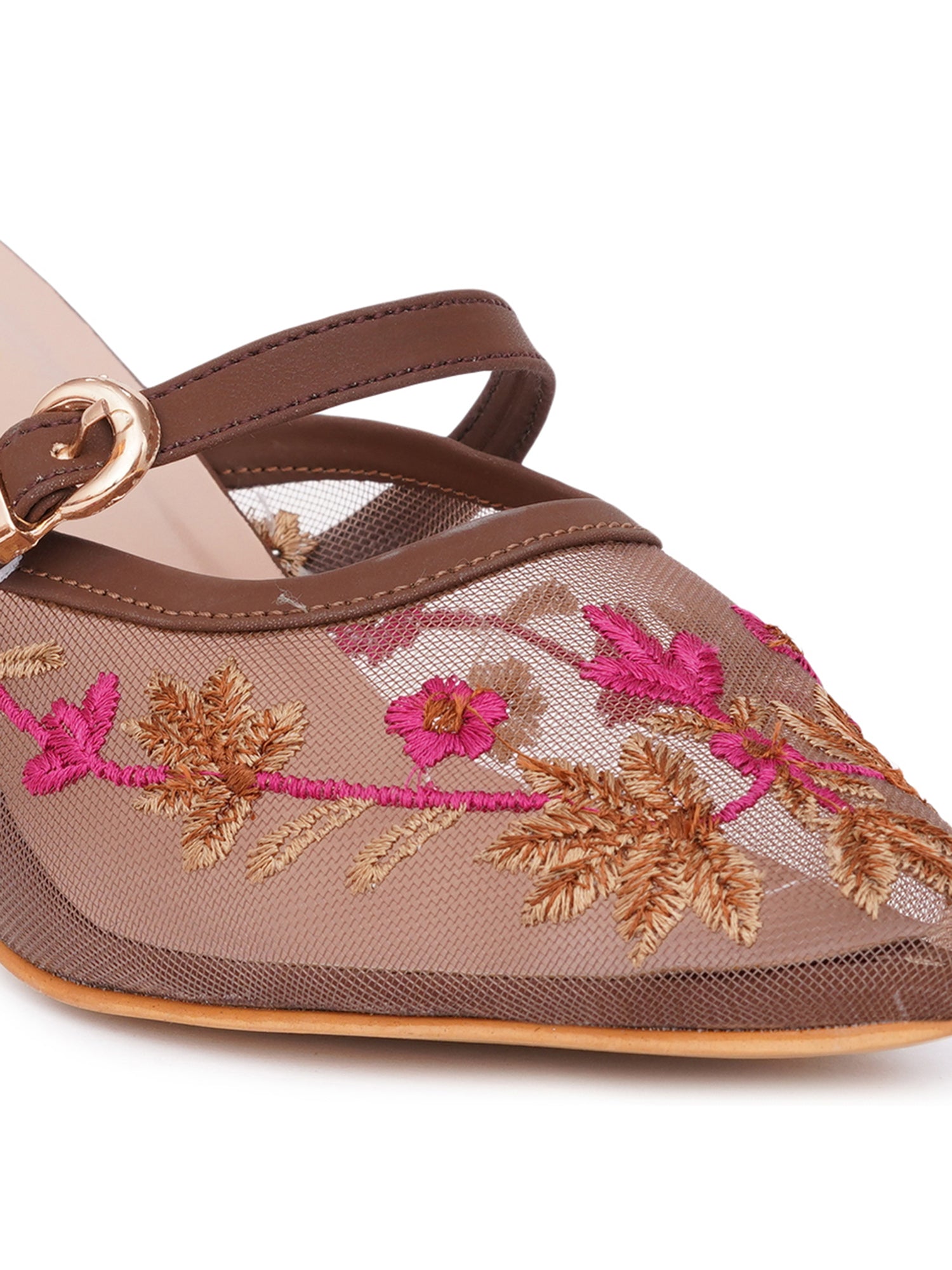 Embroidered Floral Mesh Slingback Kitten Heels