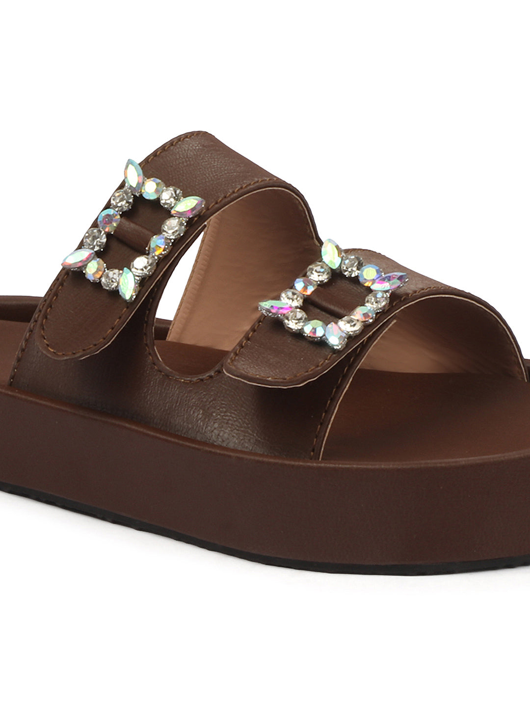 Dual-Strap Rhinestone Buckle Slide Soft Casual Flats