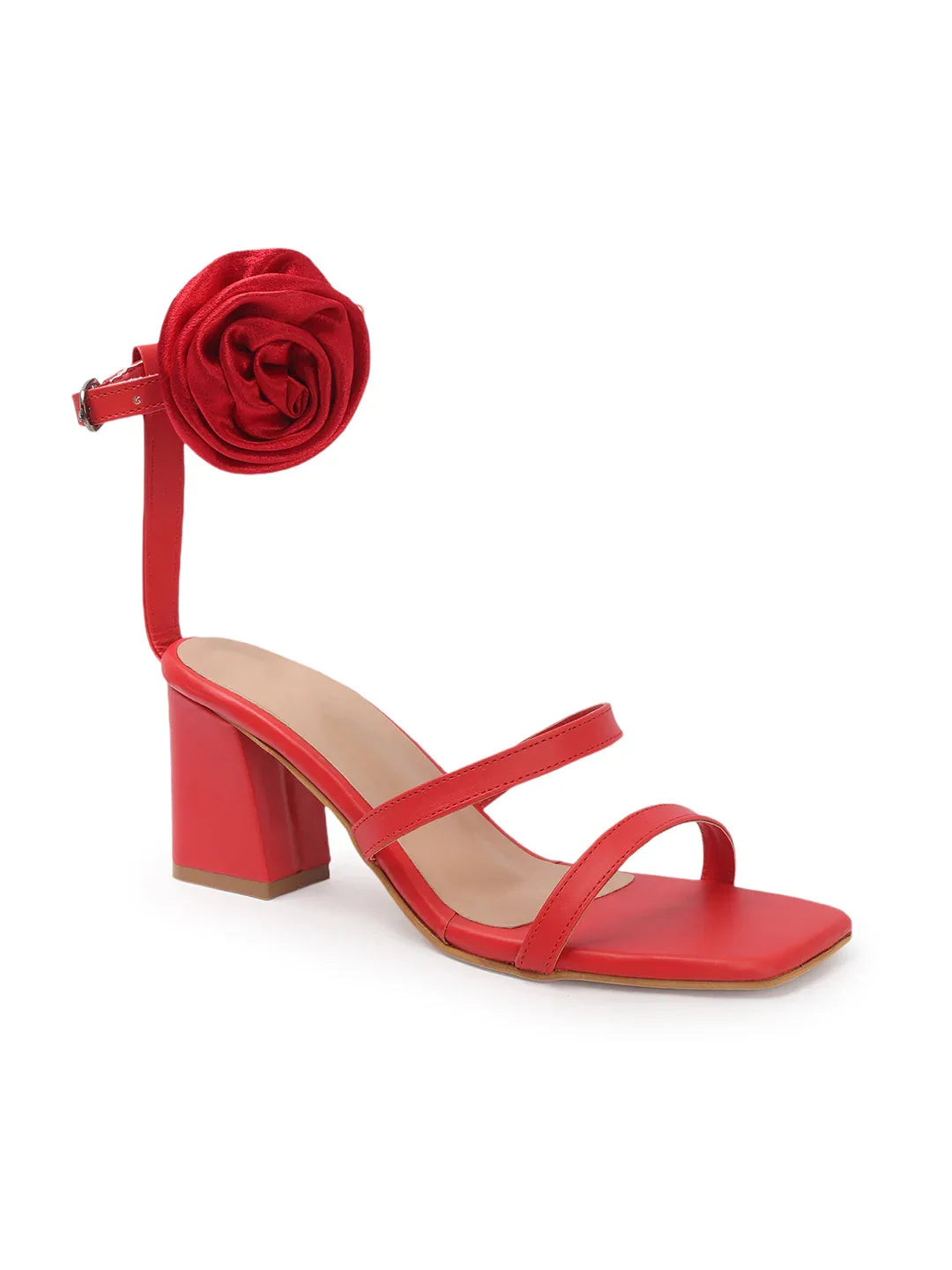 Rose Detail Ankle Strap Block Heels
