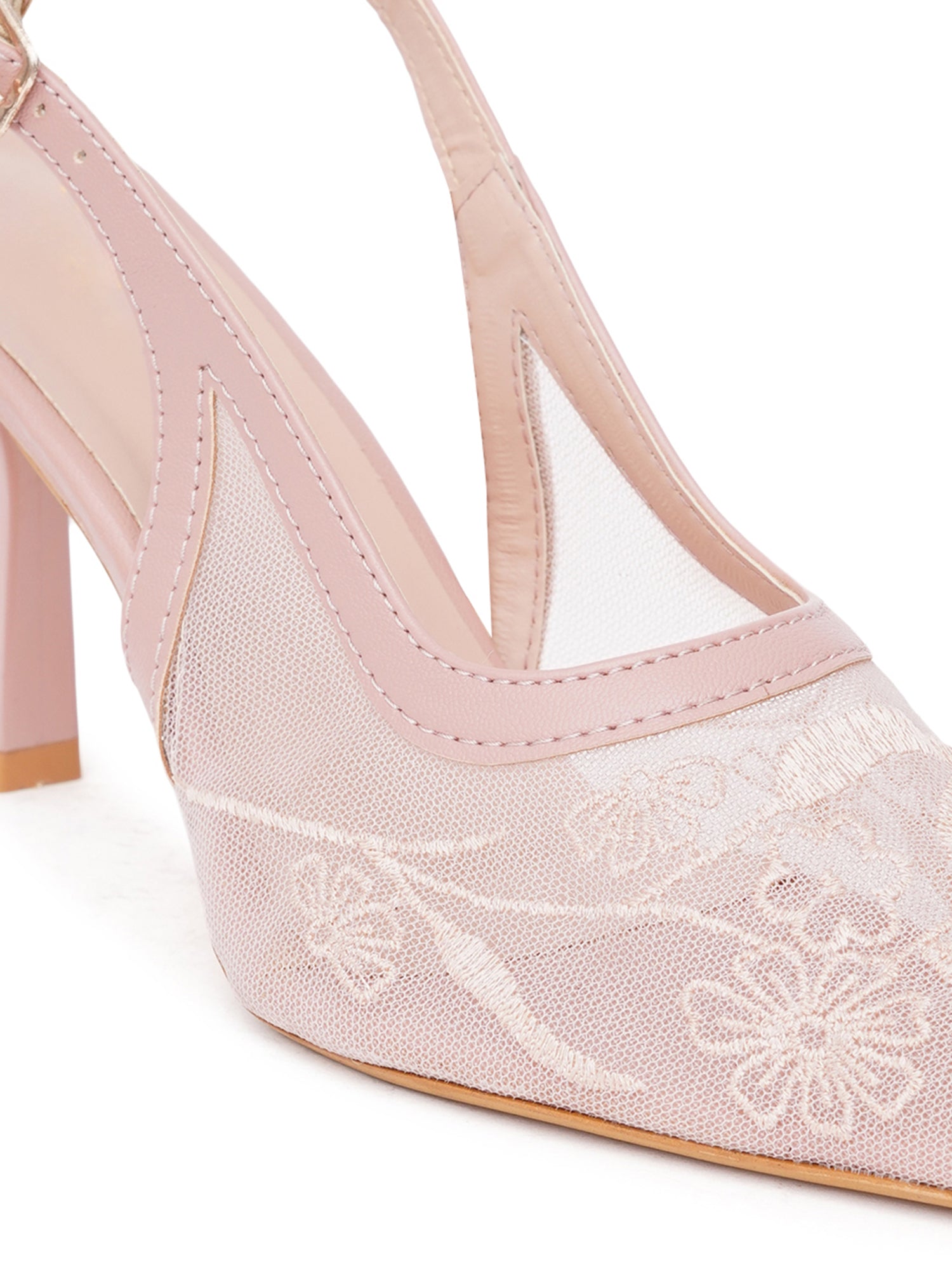 Floral Embroidered Mesh Slingback Kitten Heels