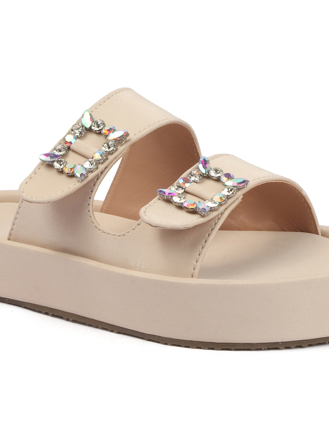 Dual-Strap Rhinestone Buckle Slide Soft Casual Flats