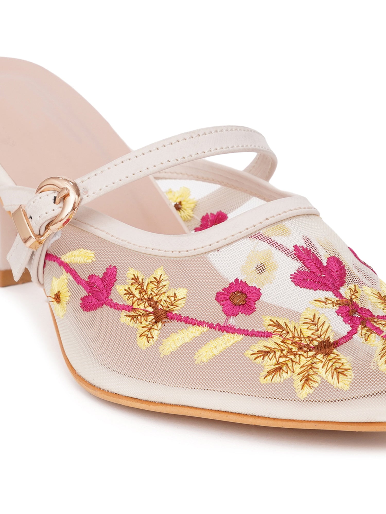 Embroidered Floral Mesh Slingback Kitten Heels
