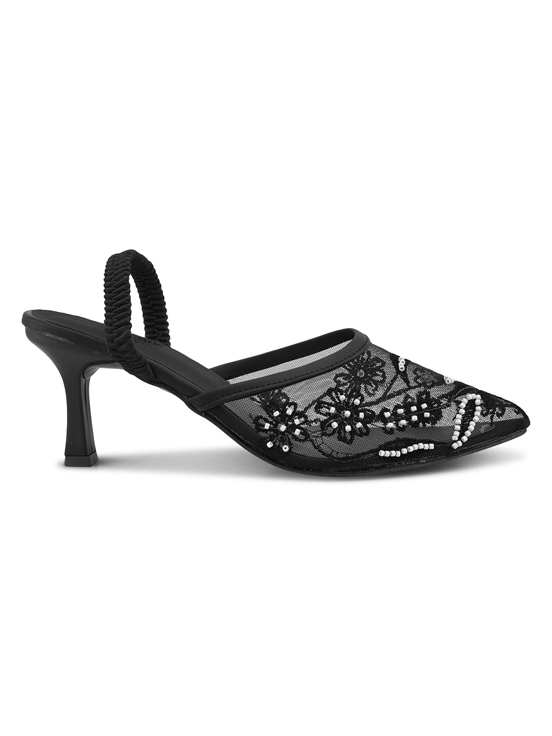 Mesh Embellished Pointed Toe Mule Heels