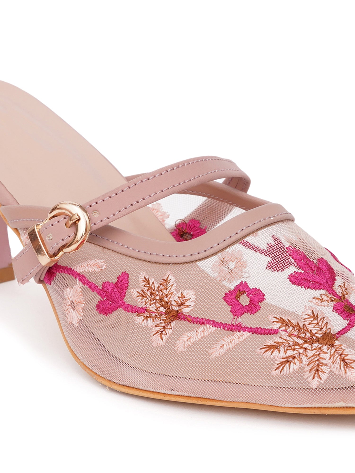 Embroidered Floral Mesh Slingback Kitten Heels