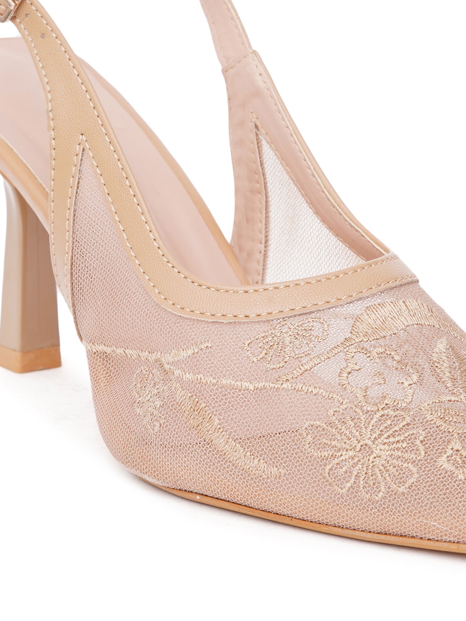 Floral Embroidered Mesh Slingback Kitten Heels