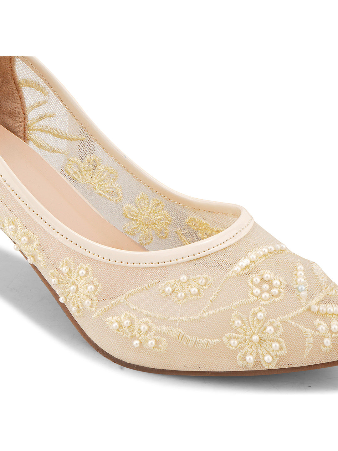 Pearl Embroidered Mesh Kitten Heels