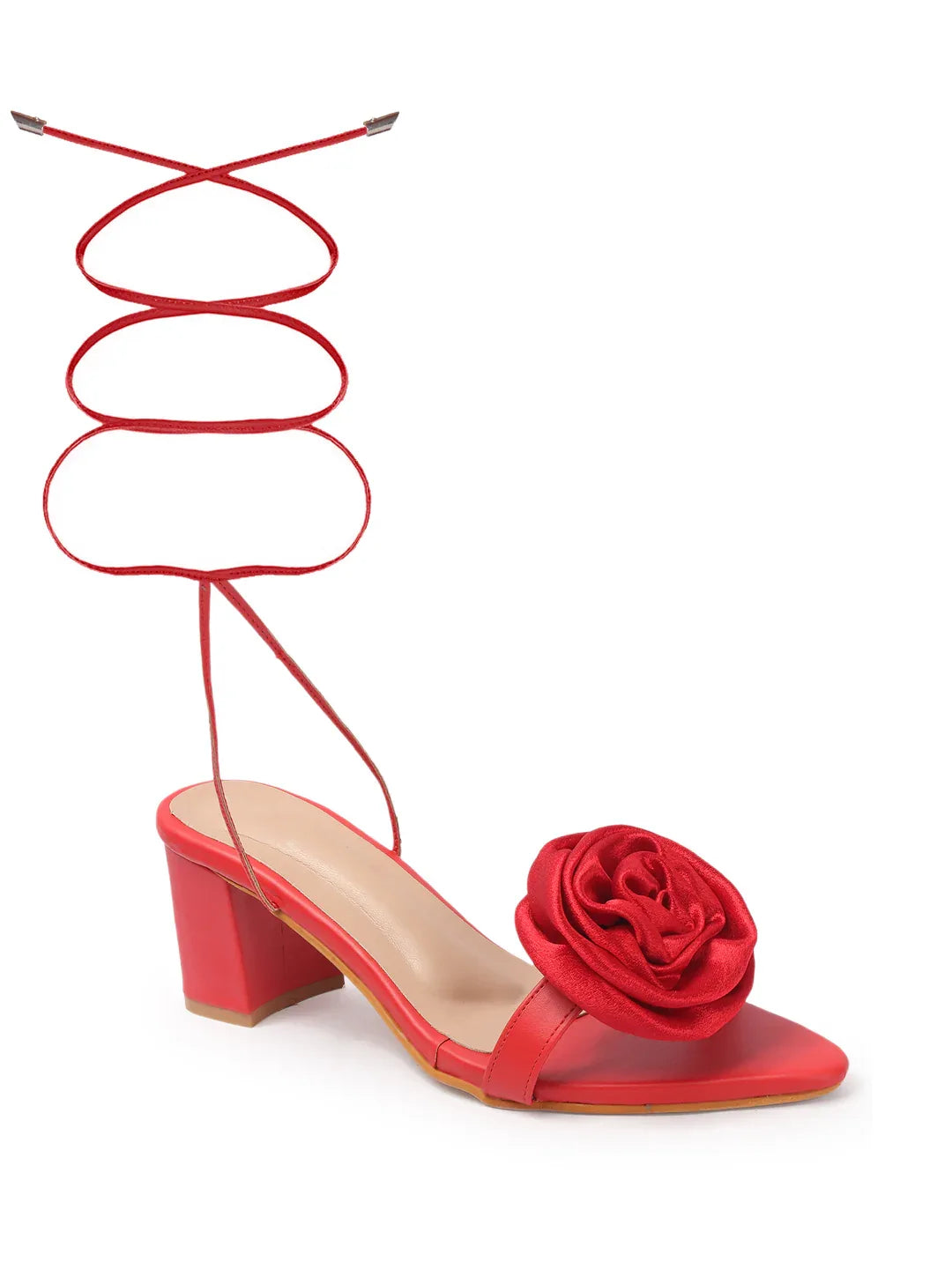 Rose Detail Tie-Up Mid Heel Sandals
