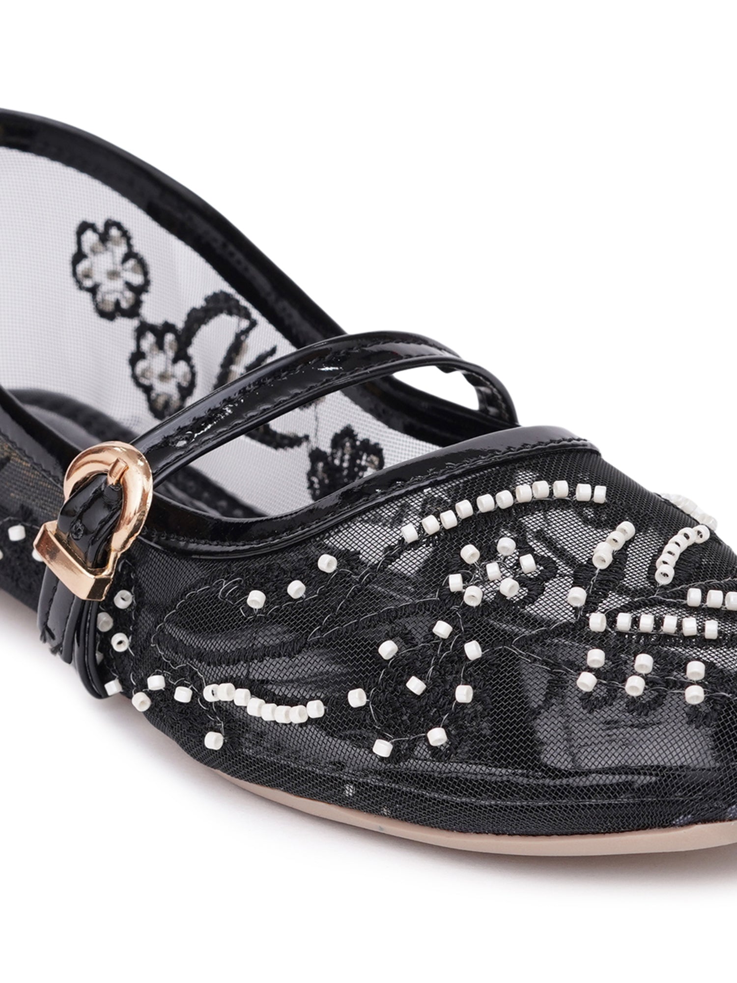 Elegant Pearl & Sequin Strap Mary Jane Style Ballerinas