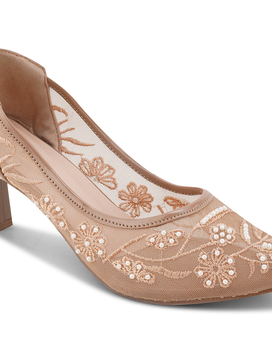 Pearl Embroidered Mesh Kitten Heels