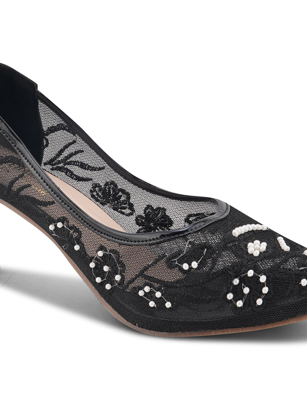 Pearl Embroidered Mesh Kitten Heels