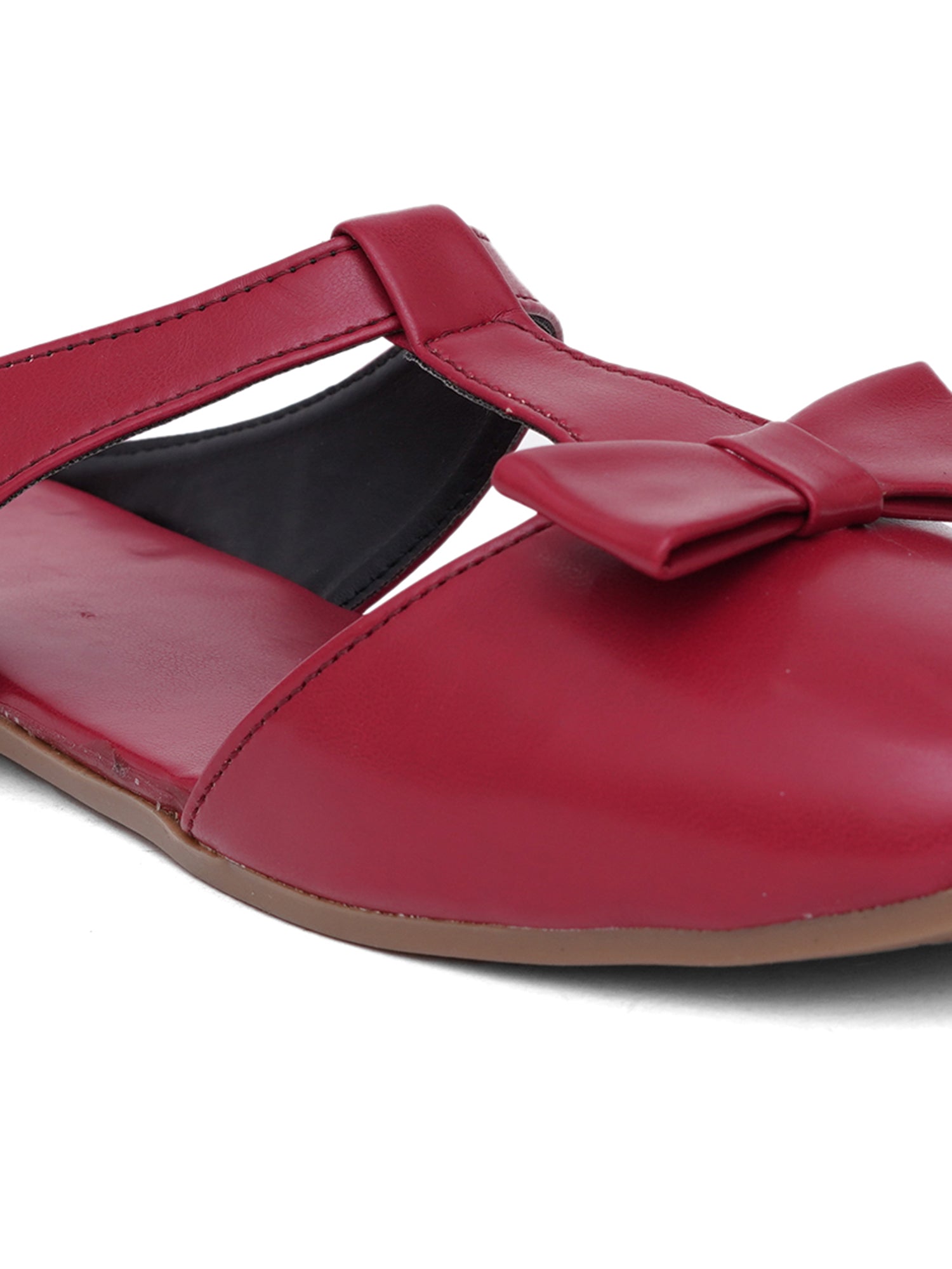 Casual Slip-On Women's Bow Detail T-Strap Mule Flats-Cherry