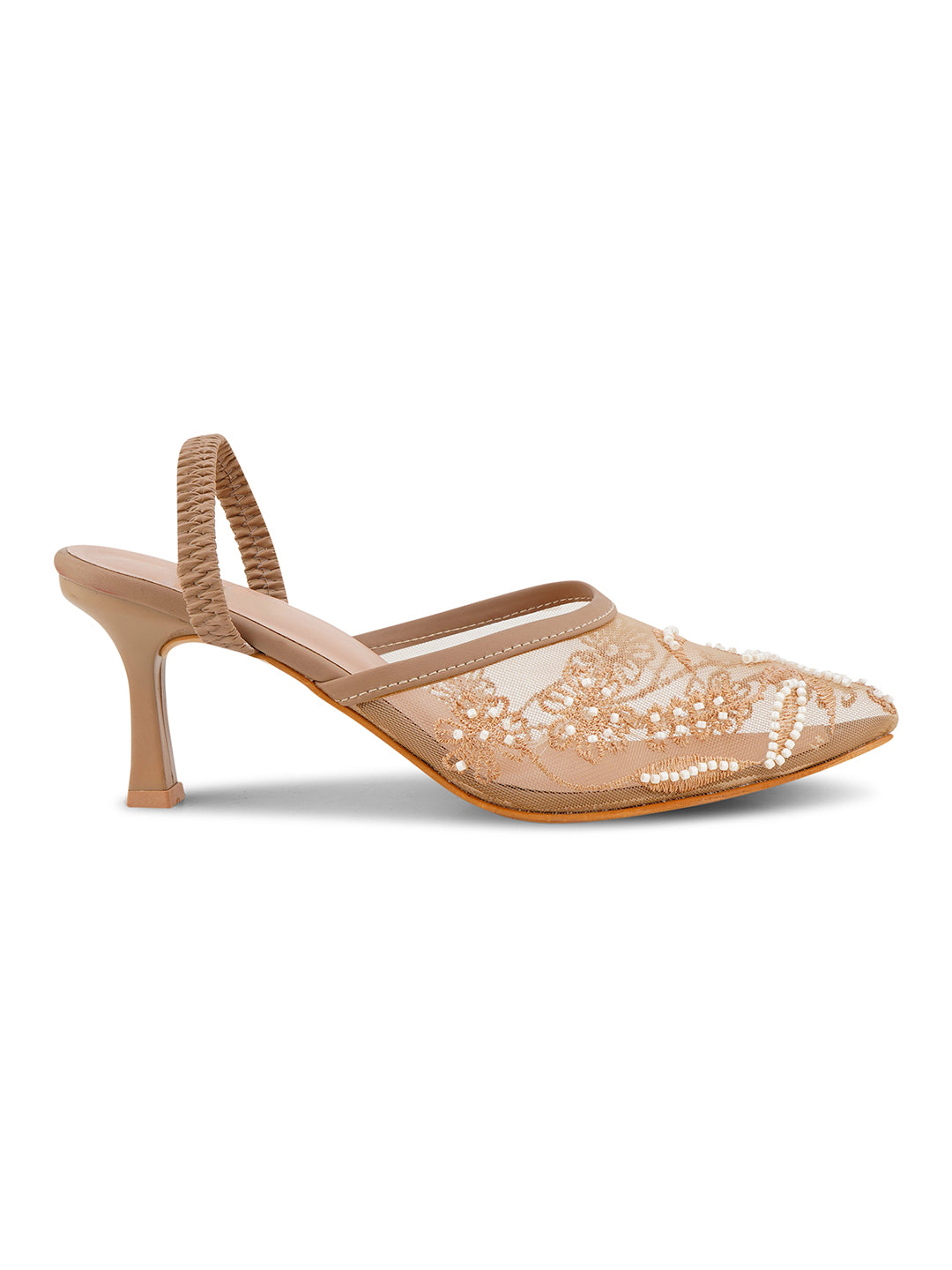 Mesh Embellished Pointed Toe Mule Heels