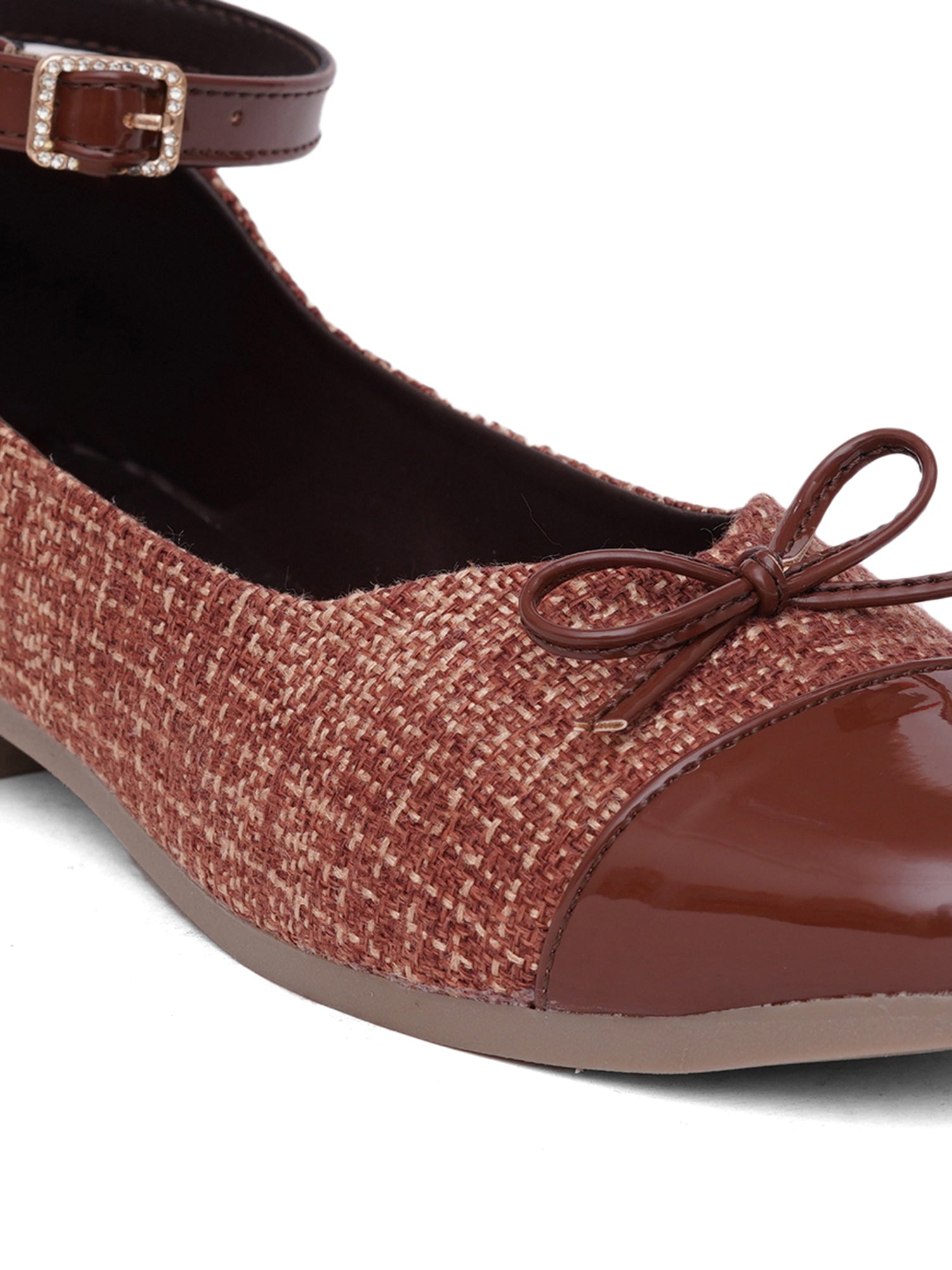 Elegant Tweed Texture Ballet Pumps Bellies with Ankle Strap