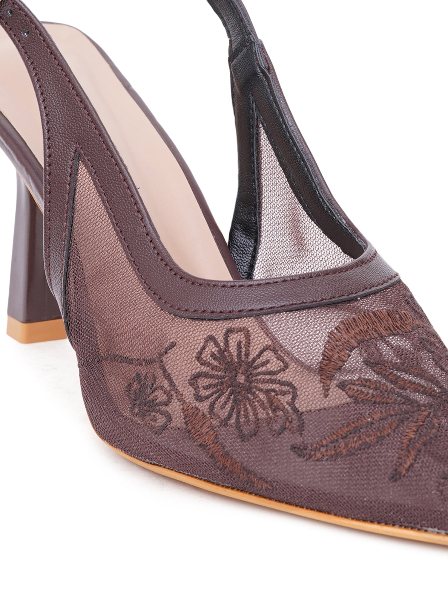 Floral Embroidered Mesh Slingback Kitten Heels