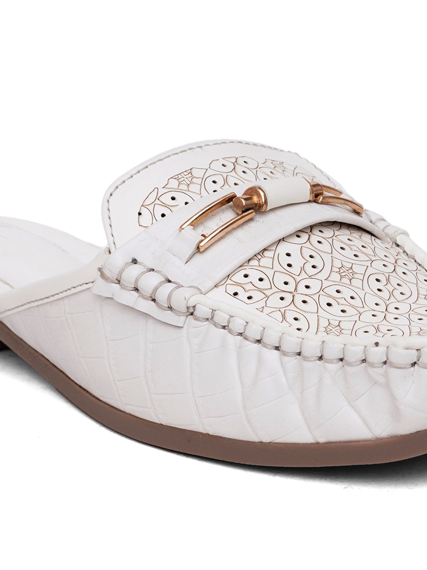 Comfort Cushioned Laser Slip-On Cut Loafer Mule Flats-White