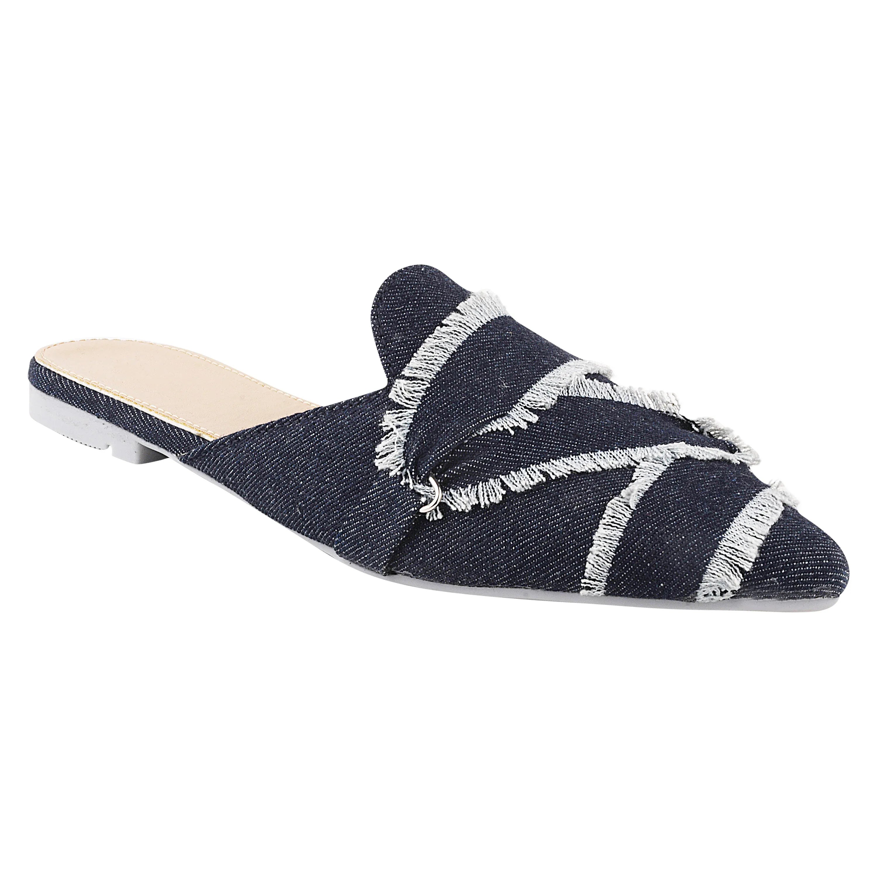 Frayed Edge Denim Pointed-Toe Mule Flats