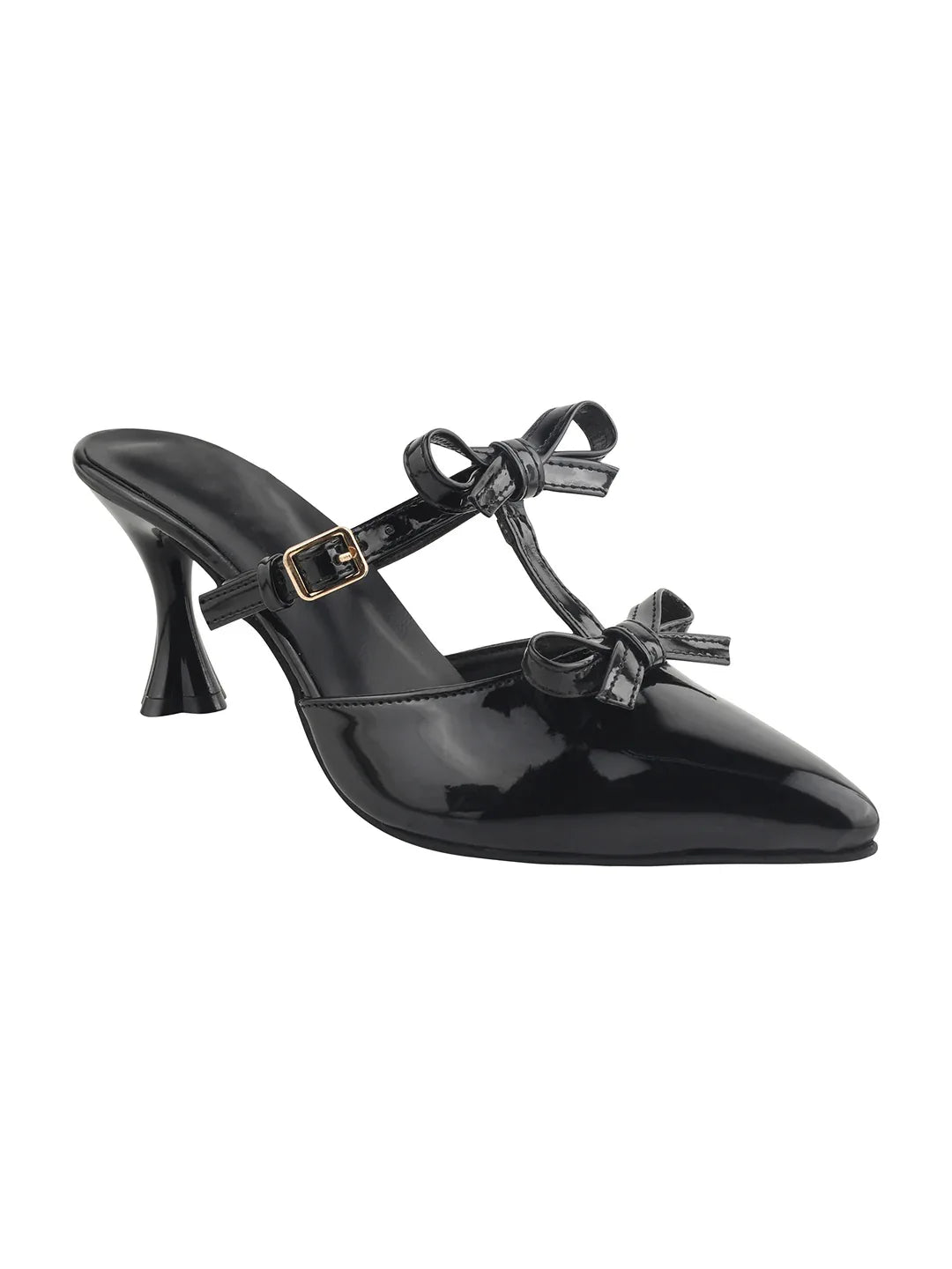 Patent Finish Bow-Detail Kitten Heel Mules
