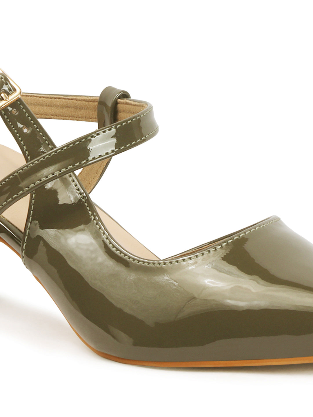 Elegant Patent Pointed Toe Slingback Kitten Heel Mules-Olive
