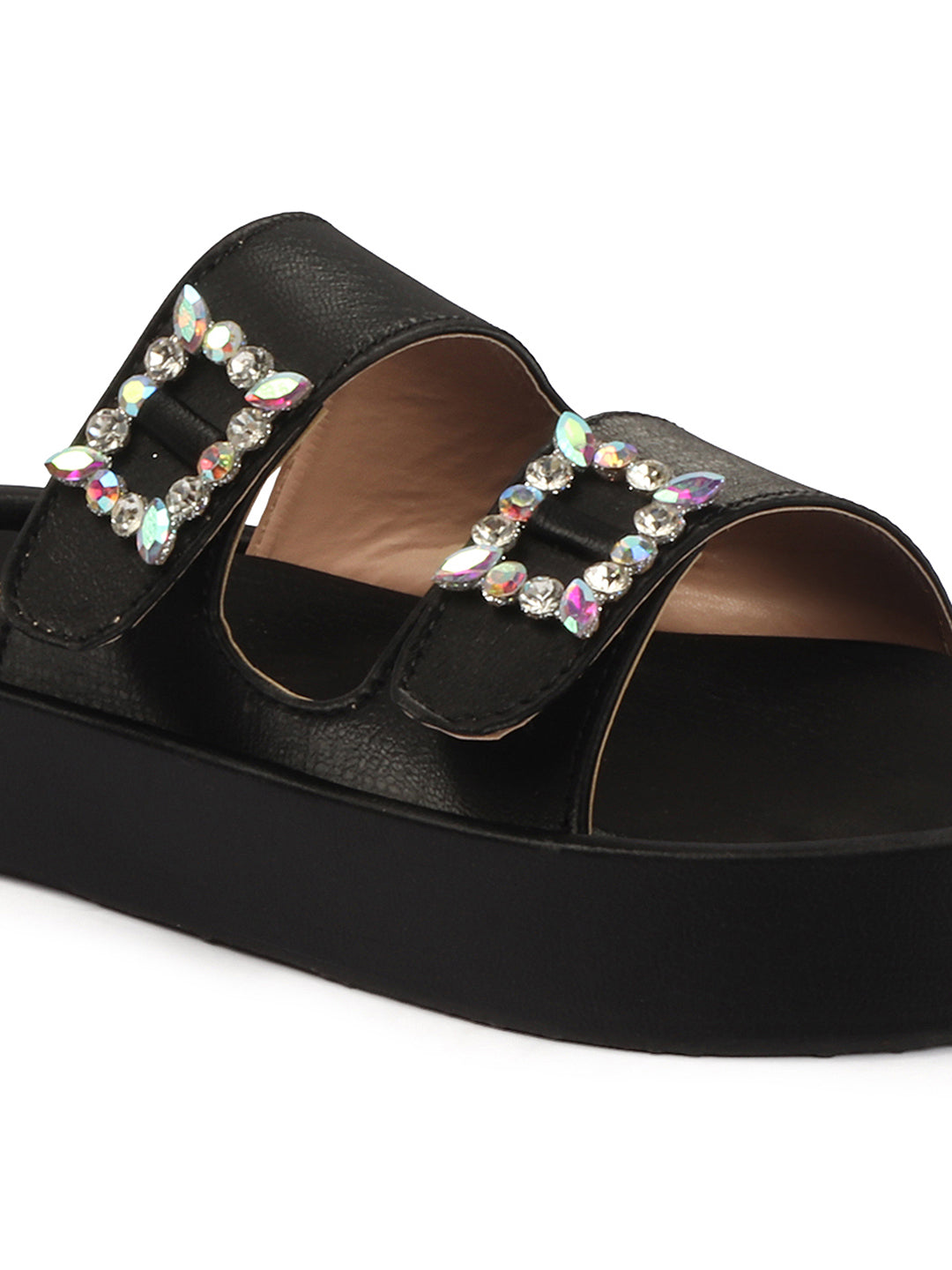 Dual-Strap Rhinestone Buckle Slide Soft Casual Flats