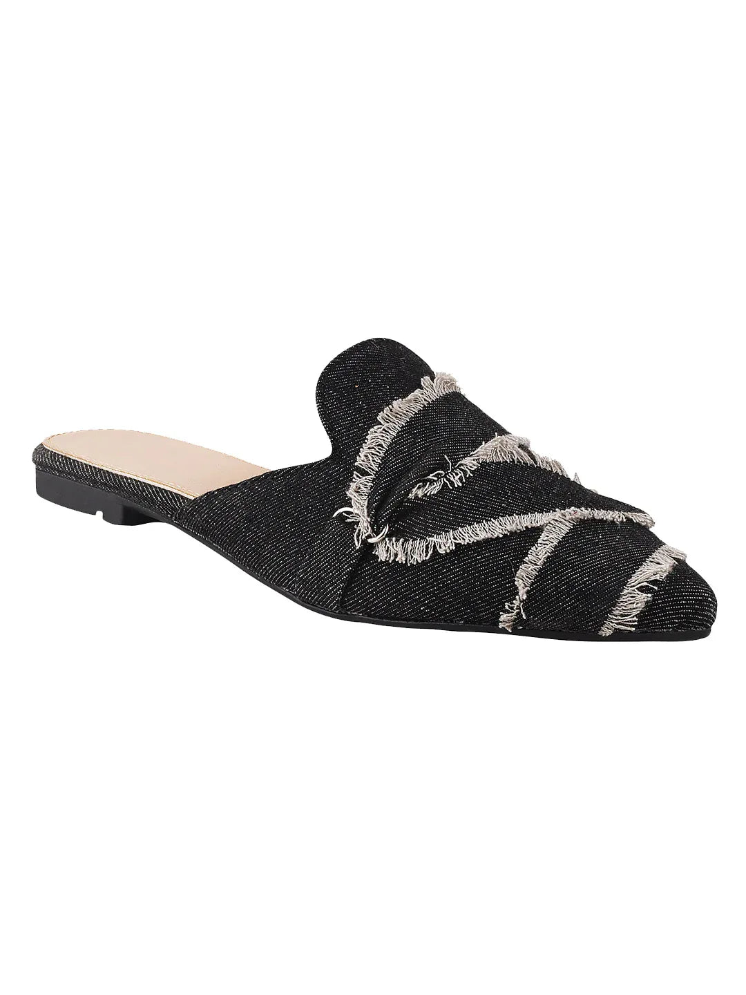 Frayed Edge Denim Pointed-Toe Mule Flats