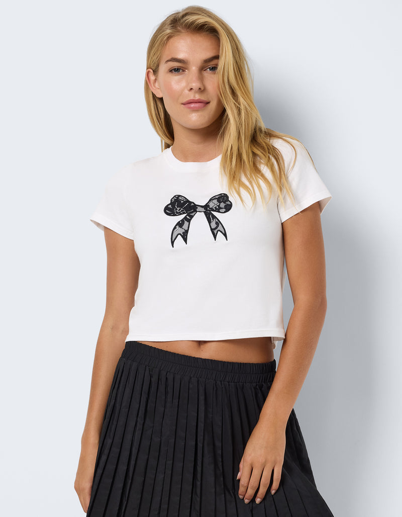 Women's White Cropped T-Shirt with Black Lace Bow Graphic