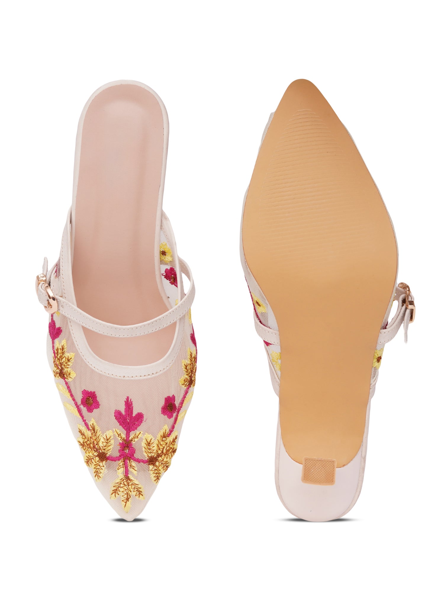 Embroidered Floral Mesh Slingback Kitten Heels