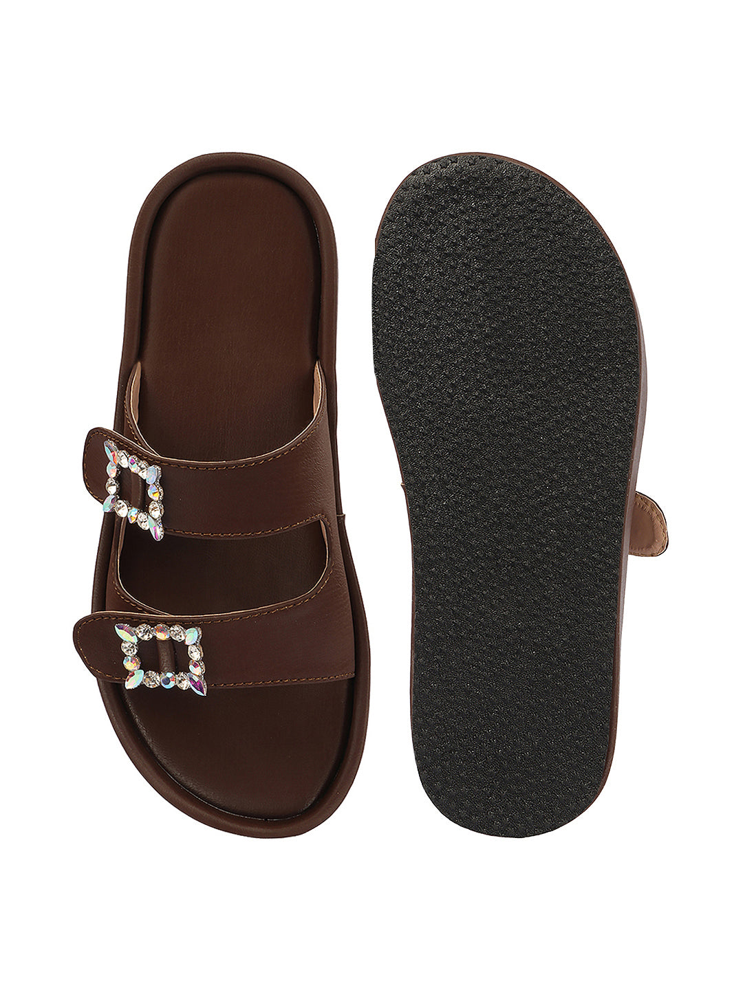 Dual-Strap Rhinestone Buckle Slide Soft Casual Flats