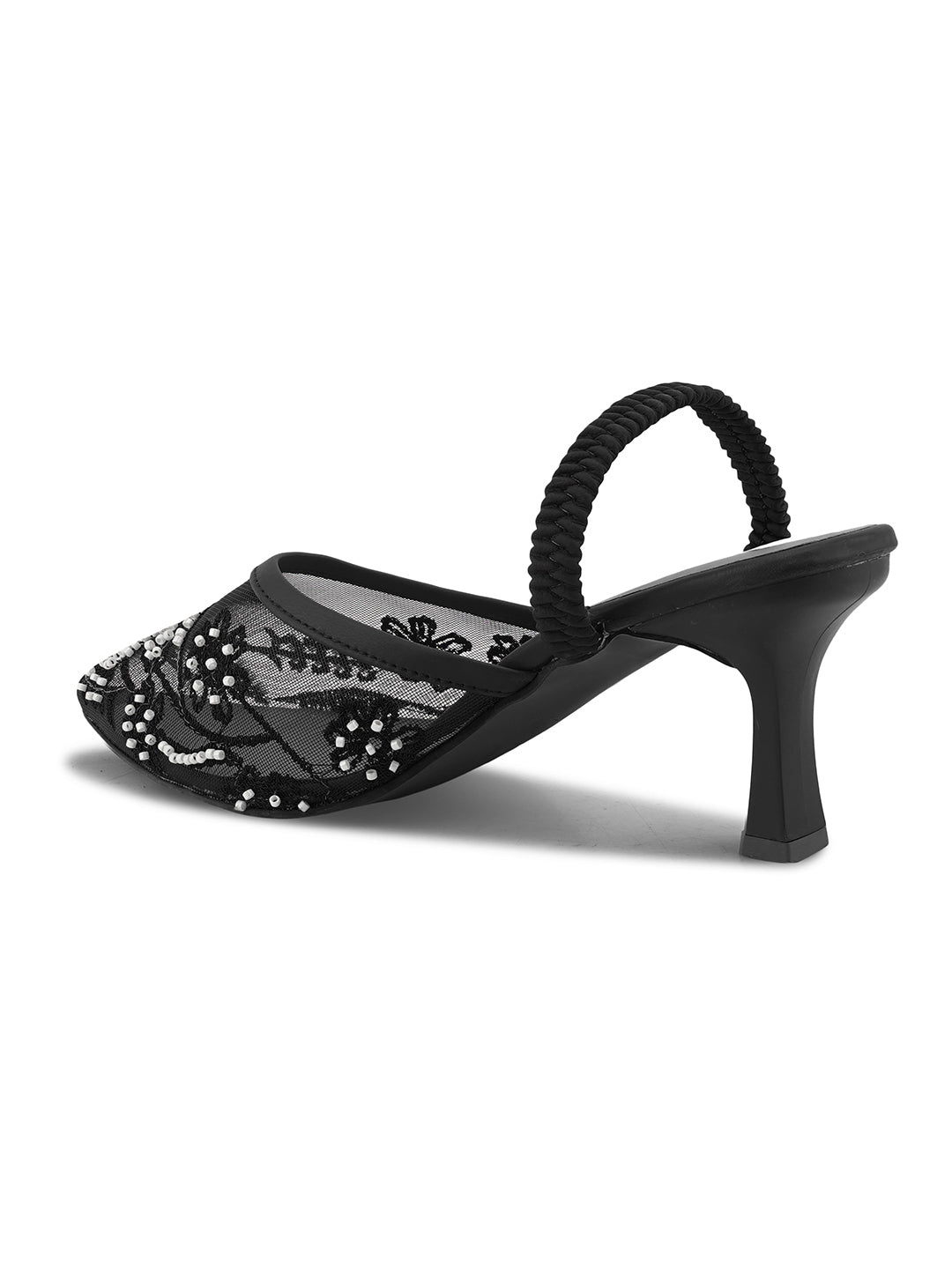 Mesh Embellished Pointed Toe Mule Heels