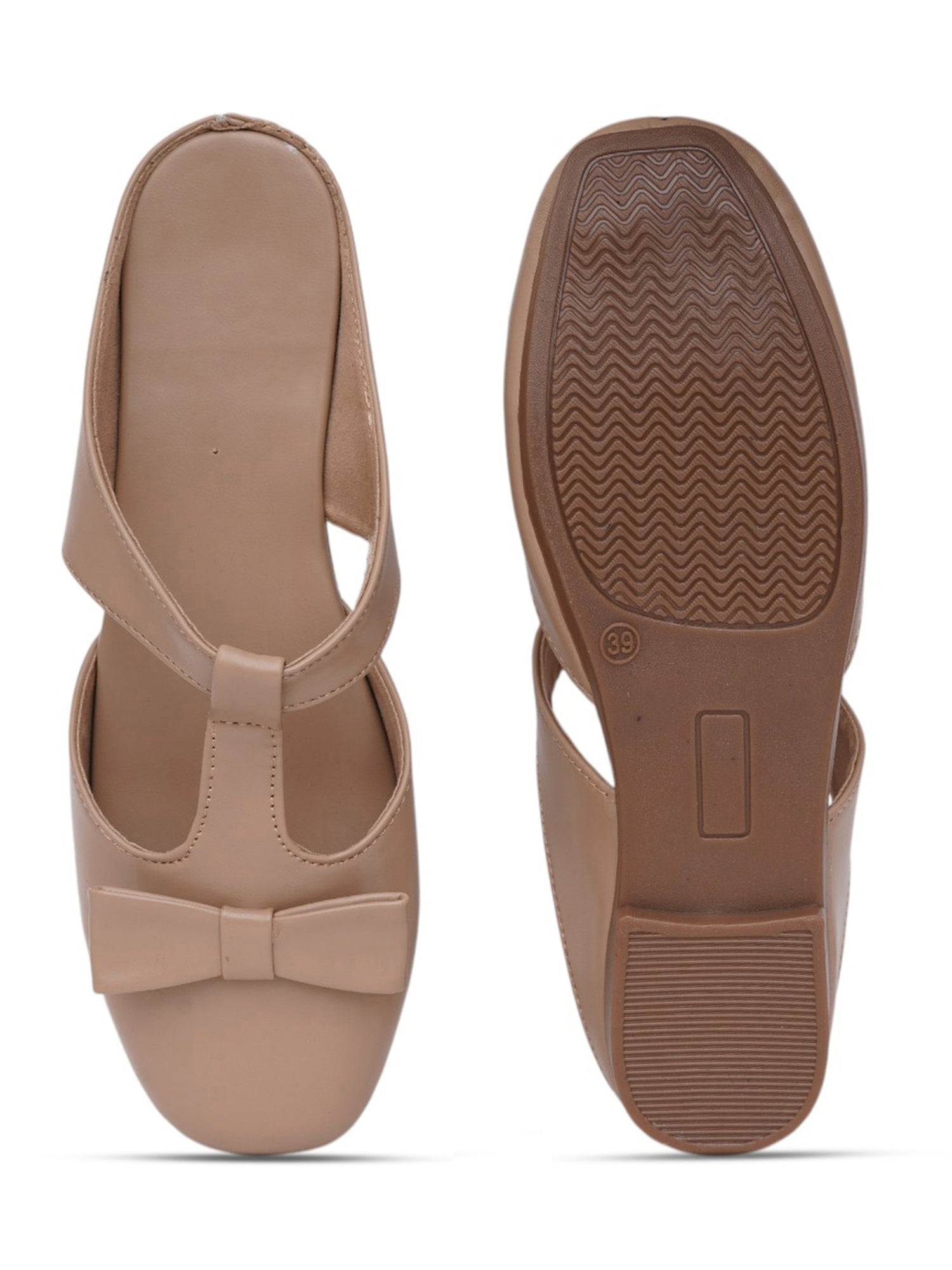 Casual Slip-On Women's Bow Detail T-Strap Mule Flats-Beige