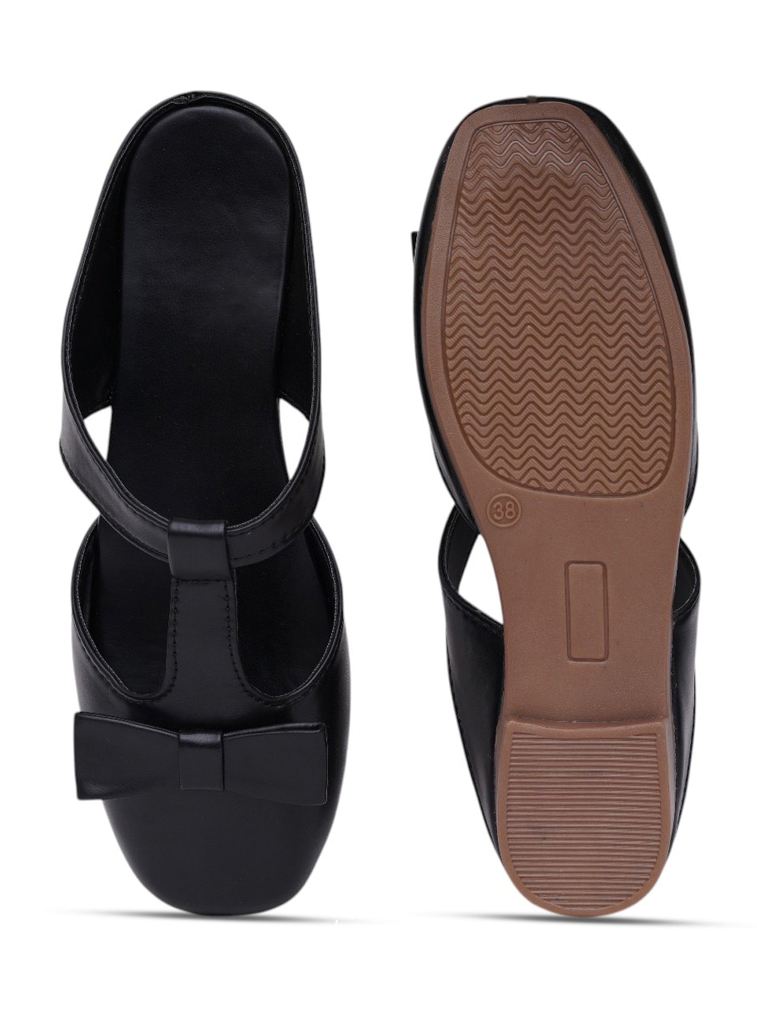 Casual Slip-On Women's Bow Detail T-Strap Mule Flats-Black