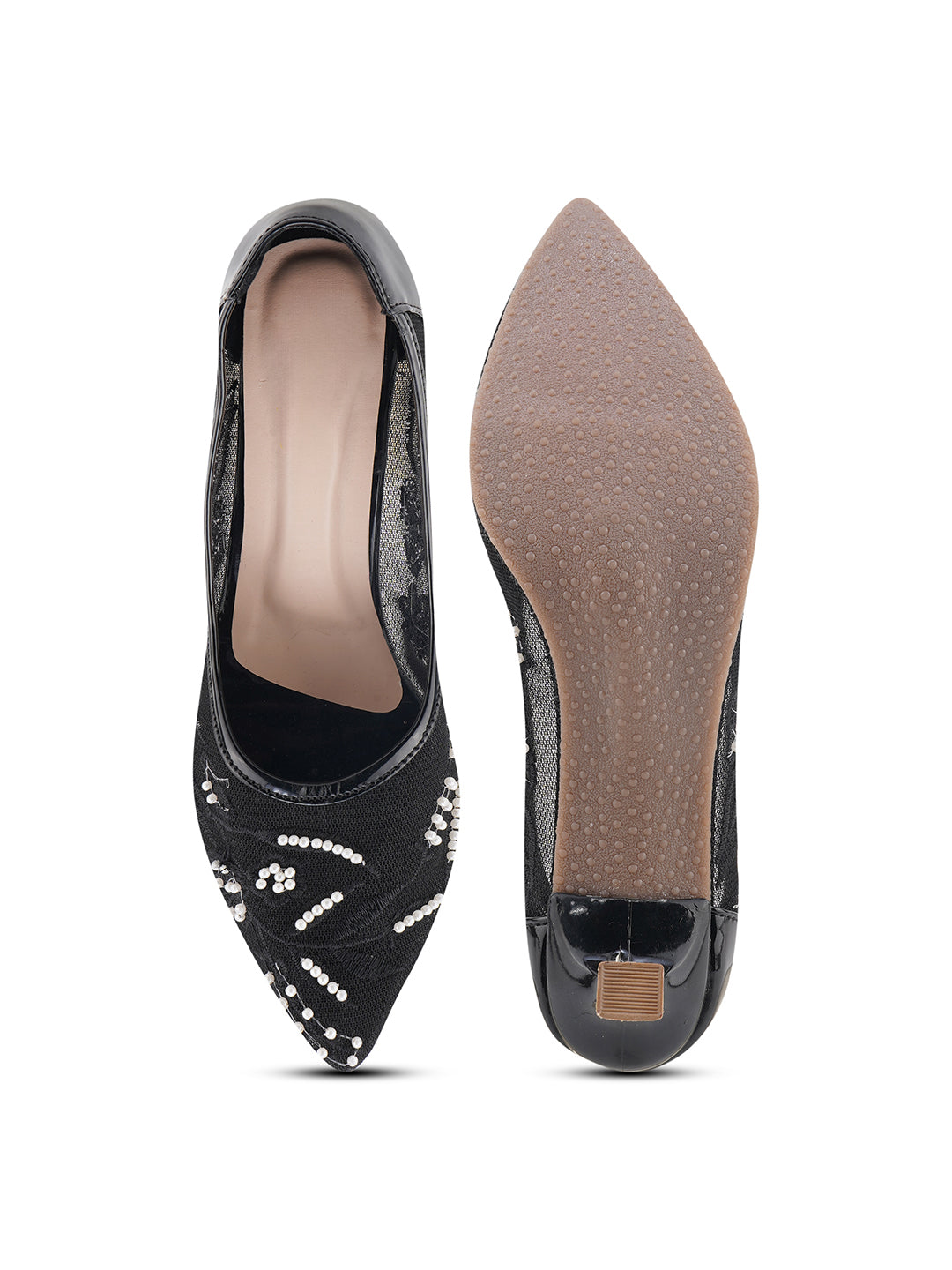 Pearl Embroidered Mesh Kitten Heels