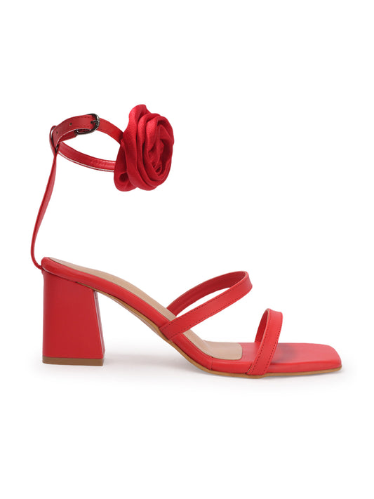 Rose Detail Ankle Strap Block Heels