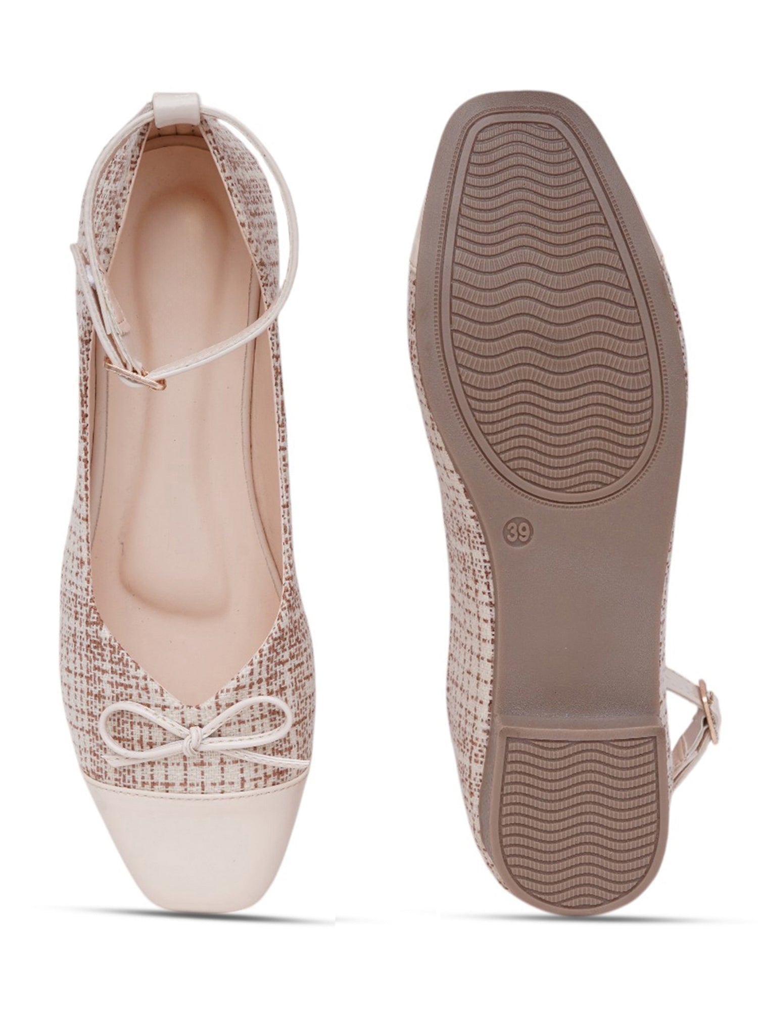 Elegant Tweed Texture Ballet Pumps Bellies with Ankle Strap